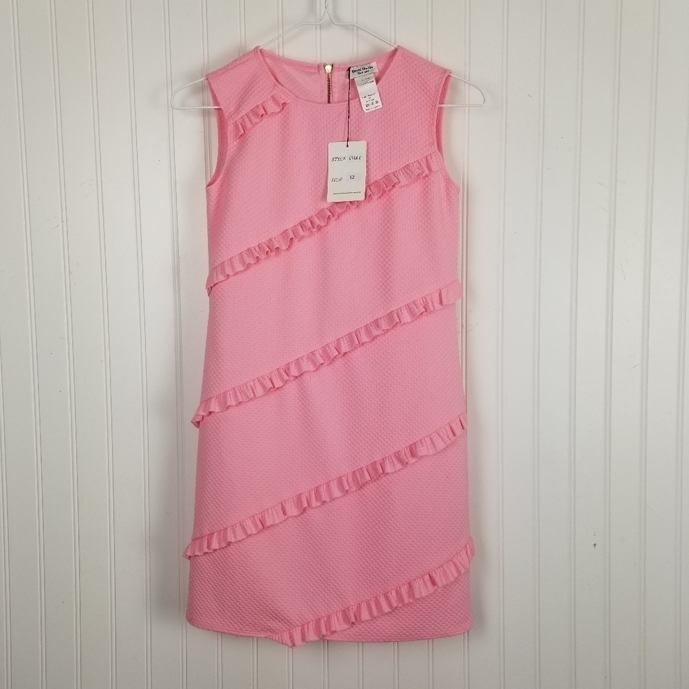 David Charles London Black Label Pink Diagonal Ruffle Shift Dress NWT Sz 12 Yrs - Picture 10 of 11
